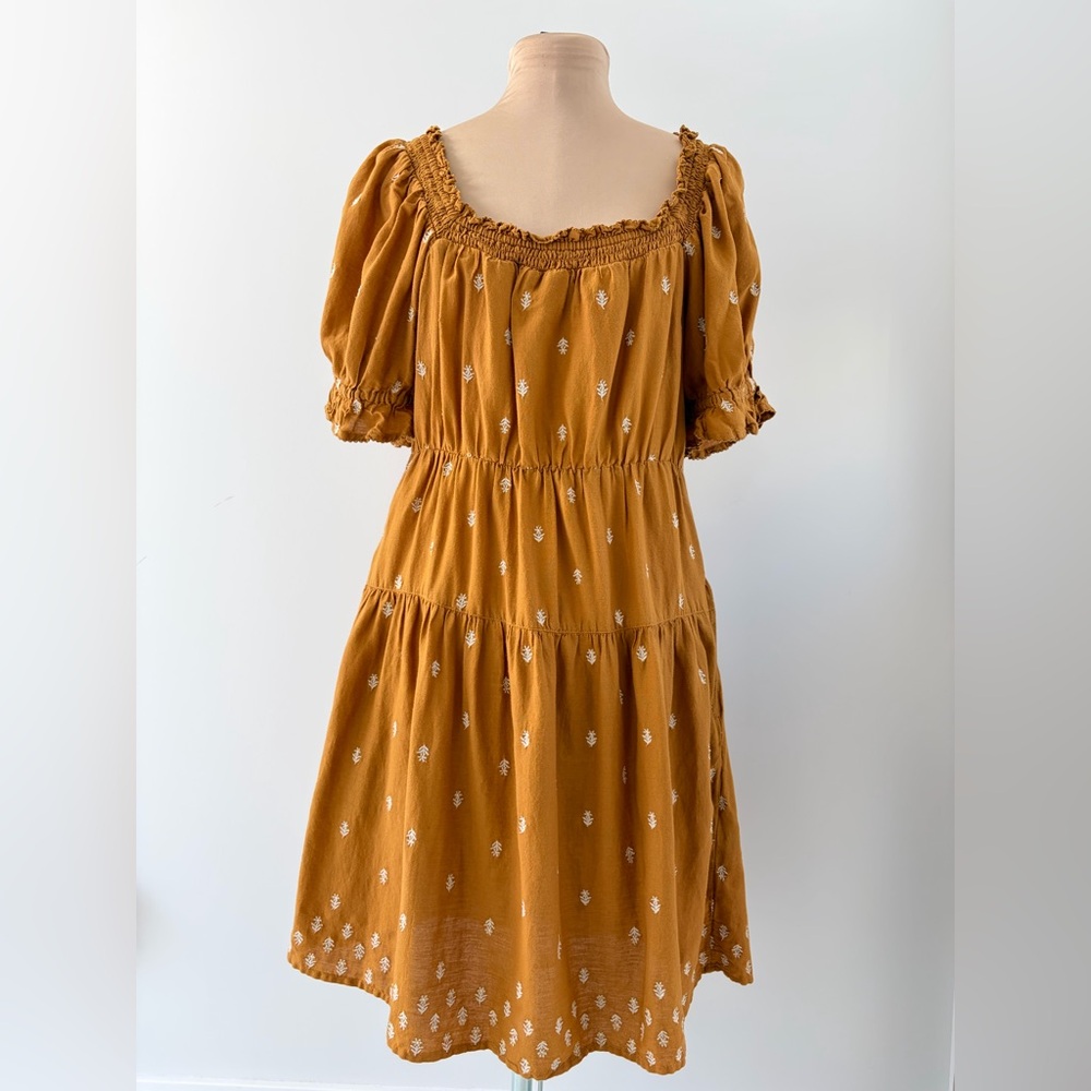 Old Navy Mustard Smocked Puff‑Sleeve Midi Dress – Boho Style | Size M